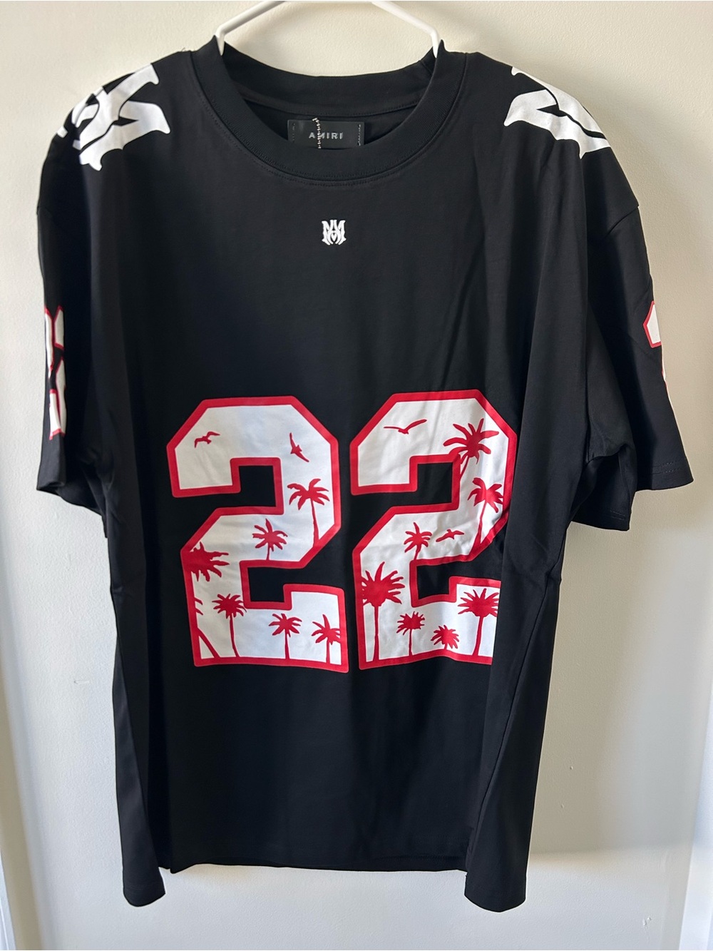 AMIRI Black Short-Sleeve '22' Palm-Print Graphic Tee